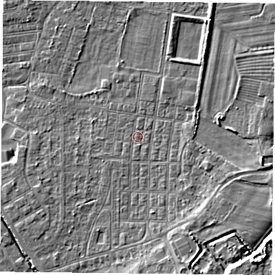 Shaded relief map of the ground around DN50NT, computed from Environment Agency LiDAR. The ground here sits at about 5 m above sea level and falls 9 m across the surrounding 800 m. Surface water reaching this point runs off ground lying to the south-south-east, 0.6 m higher.