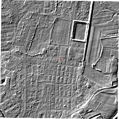 Shaded relief map of the ground around DN50NU, computed from Environment Agency LiDAR. The ground here sits at about 5 m above sea level and falls 8 m across the surrounding 800 m. Surface water reaching this point runs off ground lying to the south-east, 2.8 m higher.