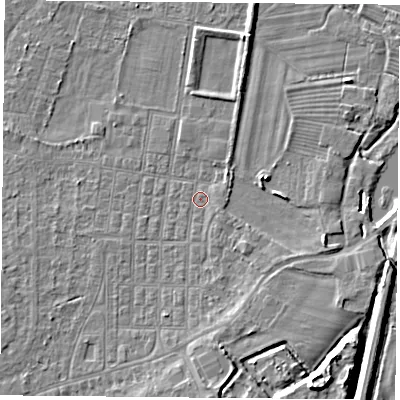 Shaded relief map of the ground around DN50NW, computed from Environment Agency LiDAR. The ground here sits at about 5 m above sea level and falls 9 m across the surrounding 800 m. Surface water reaching this point runs off ground lying to the east-south-east, 1.0 m higher.