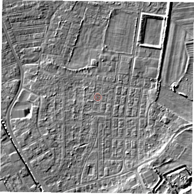 Shaded relief map of the ground around DN50NX, computed from Environment Agency LiDAR. The ground here sits at about 5 m above sea level and falls 6 m across the surrounding 800 m. Surface water reaching this point runs off ground lying to the south-south-west, 0.8 m higher.