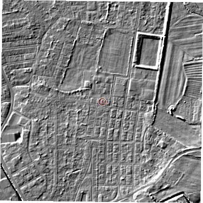 Shaded relief map of the ground around DN50NY, computed from Environment Agency LiDAR. The ground here sits at about 5 m above sea level and falls 4 m across the surrounding 800 m. Surface water reaching this point runs off ground lying to the south-east, 2.6 m higher.