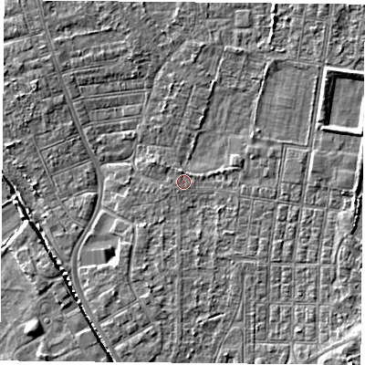Shaded relief map of the ground around DN50PA, computed from Environment Agency LiDAR. The ground here sits at about 5 m above sea level and falls 4 m across the surrounding 800 m. Surface water reaching this point runs off ground lying to the south-east, 2.7 m higher.