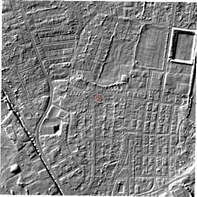 Shaded relief map of the ground around DN50PB, computed from Environment Agency LiDAR. The ground here sits at about 5 m above sea level and falls 4 m across the surrounding 800 m. Surface water reaching this point runs off ground lying to the east-north-east, 3.3 m higher.