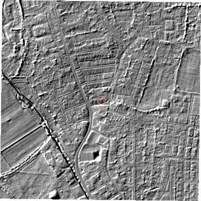 Shaded relief map of the ground around DN50PD, computed from Environment Agency LiDAR. The ground here sits at about 5 m above sea level and falls 3 m across the surrounding 800 m. Surface water reaching this point runs off ground lying to the south-south-west, 2.8 m higher.