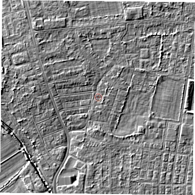 Shaded relief map of the ground around DN50PE, computed from Environment Agency LiDAR. The ground here sits at about 5 m above sea level and falls 3 m across the surrounding 800 m. Surface water reaching this point runs off ground lying to the west-north-west, 2.6 m higher.