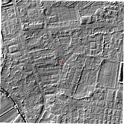 Shaded relief map of the ground around DN50PF, computed from Environment Agency LiDAR. The ground here sits at about 5 m above sea level and falls 3 m across the surrounding 800 m. Surface water reaching this point runs off ground lying to the west, 2.6 m higher.