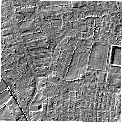 Shaded relief map of the ground around DN50PG, computed from Environment Agency LiDAR. The ground here sits at about 5 m above sea level and falls 3 m across the surrounding 800 m. Surface water reaching this point runs off ground lying to the west-north-west, 2.6 m higher.
