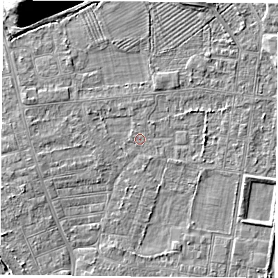 Shaded relief map of the ground around DN50PH, computed from Environment Agency LiDAR. The ground here sits at about 5 m above sea level and falls 15 m across the surrounding 800 m. The ground contributing surface water to this point lies to the west-south-west.