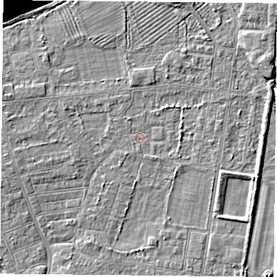 Shaded relief map of the ground around DN50PJ, computed from Environment Agency LiDAR. The ground here sits at about 5 m above sea level and falls 13 m across the surrounding 800 m. Surface water reaching this point runs off ground lying to the north-west, 0.7 m higher.