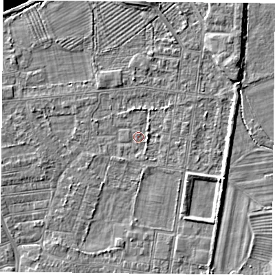 Shaded relief map of the ground around DN50PL, computed from Environment Agency LiDAR. The ground here sits at about 5 m above sea level and falls 7 m across the surrounding 800 m. Surface water reaching this point runs off ground lying to the east-south-east, 1.5 m higher.