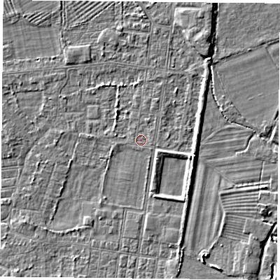Shaded relief map of the ground around DN50PN, computed from Environment Agency LiDAR. The ground here sits at about 5 m above sea level and falls 4 m across the surrounding 800 m. Surface water reaching this point runs off ground lying to the north-north-east, 0.7 m higher.