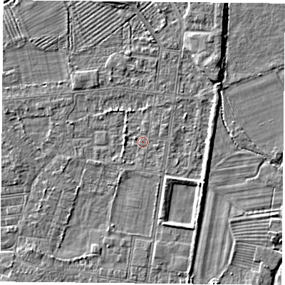 Shaded relief map of the ground around DN50PP, computed from Environment Agency LiDAR. The ground here sits at about 6 m above sea level and falls 4 m across the surrounding 800 m. Surface water reaching this point runs off ground lying to the west, 1.6 m higher.
