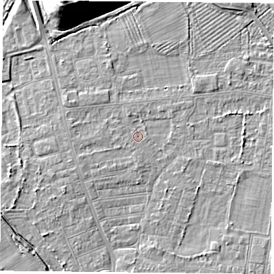 Shaded relief map of the ground around DN50PQ, computed from Environment Agency LiDAR. The ground here sits at about 6 m above sea level and falls 16 m across the surrounding 800 m. Surface water reaching this point runs off ground lying to the west, 1.2 m higher.