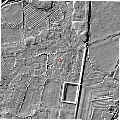 Shaded relief map of the ground around DN50PR, computed from Environment Agency LiDAR. The ground here sits at about 6 m above sea level and falls 5 m across the surrounding 800 m. The ground contributing surface water to this point lies to the south.