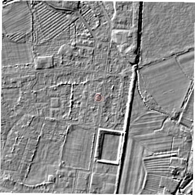 Shaded relief map of the ground around DN50PS, computed from Environment Agency LiDAR. The ground here sits at about 6 m above sea level and falls 4 m across the surrounding 800 m. The ground contributing surface water to this point lies to the north-north-east.