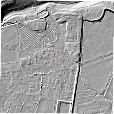 Shaded relief map of the ground around DN50PT, computed from Environment Agency LiDAR. The ground here sits at about 6 m above sea level and falls 11 m across the surrounding 800 m. Surface water reaching this point runs off ground lying to the west-north-west, 0.7 m higher.