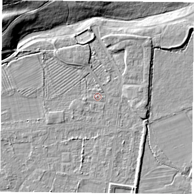 Shaded relief map of the ground around DN50PU, computed from Environment Agency LiDAR. The ground here sits at about 6 m above sea level and falls 16 m across the surrounding 800 m. Surface water reaching this point runs off ground lying to the north-east, 0.7 m higher.