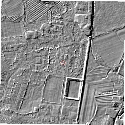 Shaded relief map of the ground around DN50PW, computed from Environment Agency LiDAR. The ground here sits at about 6 m above sea level and falls 4 m across the surrounding 800 m. Surface water reaching this point runs off ground lying to the north-north-east, 0.6 m higher.