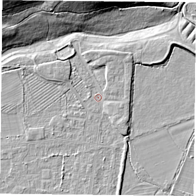 Shaded relief map of the ground around DN50PX, computed from Environment Agency LiDAR. The ground here sits at about 6 m above sea level and falls 20 m across the surrounding 800 m. Surface water reaching this point runs off ground lying to the north-north-east, 2.2 m higher.