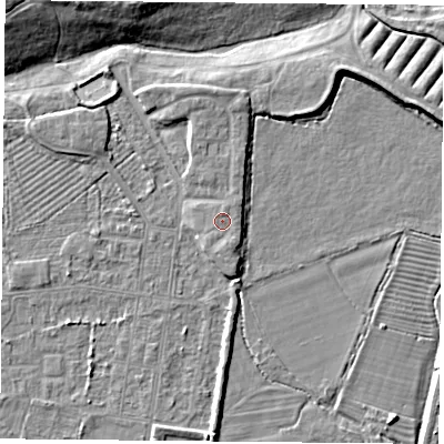 Shaded relief map of the ground around DN50PY, computed from Environment Agency LiDAR. The ground here sits at about 7 m above sea level and falls 11 m across the surrounding 800 m. Surface water reaching this point runs off ground lying to the south, 0.9 m higher.