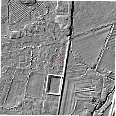 Shaded relief map of the ground around DN50PZ, computed from Environment Agency LiDAR. The ground here sits at about 5 m above sea level and falls 5 m across the surrounding 800 m. Surface water reaching this point runs off ground lying to the south-south-west, 1.0 m higher.