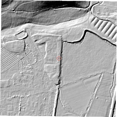 Shaded relief map of the ground around DN50QA, computed from Environment Agency LiDAR. The ground here sits at about 7 m above sea level and falls 19 m across the surrounding 800 m. Surface water reaching this point runs off ground lying to the north, 0.7 m higher.