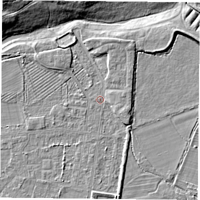 Shaded relief map of the ground around DN50QB, computed from Environment Agency LiDAR. The ground here sits at about 6 m above sea level and falls 14 m across the surrounding 800 m. Surface water reaching this point runs off ground lying to the north, 2.8 m higher.