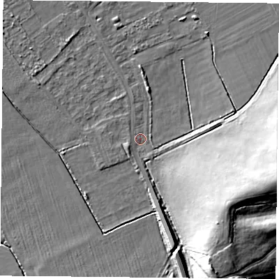 Shaded relief map of the ground around DN50QH, computed from Environment Agency LiDAR. The ground here sits at about 4 m above sea level and falls 21 m across the surrounding 800 m. Surface water reaching this point runs off ground lying to the south-south-east, 7.3 m higher.