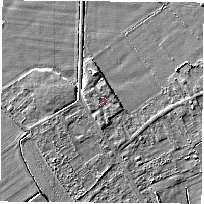 Shaded relief map of the ground around DN50QJ, computed from Environment Agency LiDAR. The ground here sits at about 5 m above sea level and falls 5 m across the surrounding 800 m. Surface water reaching this point runs off ground lying to the north-west, 1.1 m higher.