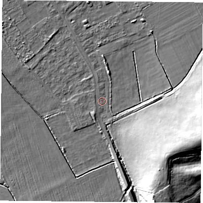 Shaded relief map of the ground around DN50QL, computed from Environment Agency LiDAR. The ground here sits at about 4 m above sea level and falls 21 m across the surrounding 800 m. Surface water reaching this point runs off ground lying to the south-south-east, 7.4 m higher.