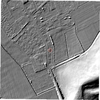 Shaded relief map of the ground around DN50QN, computed from Environment Agency LiDAR. The ground here sits at about 3 m above sea level and falls 21 m across the surrounding 800 m. Surface water reaching this point runs off ground lying to the east-south-east, 21.0 m higher.