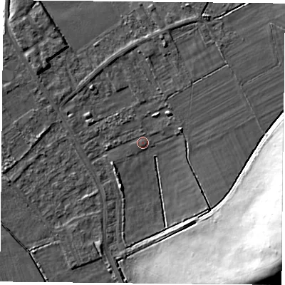 Shaded relief map of the ground around DN50QP, computed from Environment Agency LiDAR. The ground here sits at about 3 m above sea level and falls 25 m across the surrounding 800 m. Surface water reaching this point runs off ground lying to the south-east, 24.7 m higher.