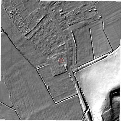 Shaded relief map of the ground around DN50QQ, computed from Environment Agency LiDAR. The ground here sits at about 4 m above sea level and falls 20 m across the surrounding 800 m. Surface water reaching this point runs off ground lying to the south-east, 1.6 m higher.