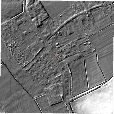 Shaded relief map of the ground around DN50QR, computed from Environment Agency LiDAR. The ground here sits at about 4 m above sea level and falls 20 m across the surrounding 800 m. Surface water reaching this point runs off ground lying to the south-east, 19.5 m higher.