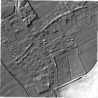 Shaded relief map of the ground around DN50QS, computed from Environment Agency LiDAR. The ground here sits at about 3 m above sea level and falls 20 m across the surrounding 800 m. Surface water reaching this point runs off ground lying to the south-east, 19.7 m higher.