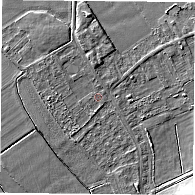 Shaded relief map of the ground around DN50QT, computed from Environment Agency LiDAR. The ground here sits at about 4 m above sea level and falls 7 m across the surrounding 800 m. Surface water reaching this point runs off ground lying to the west, 2.4 m higher.