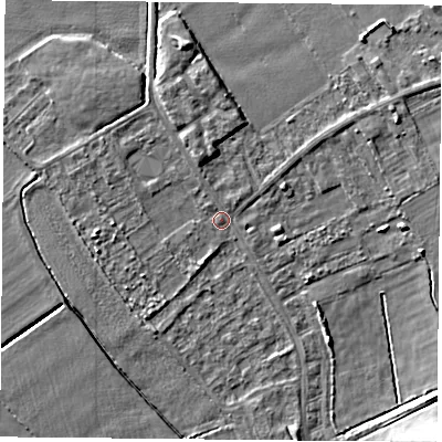 Shaded relief map of the ground around DN50QU, computed from Environment Agency LiDAR. The ground here sits at about 4 m above sea level and falls 7 m across the surrounding 800 m. Surface water reaching this point runs off ground lying to the west, 2.7 m higher.