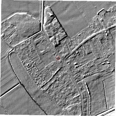 Shaded relief map of the ground around DN50QX, computed from Environment Agency LiDAR. The ground here sits at about 4 m above sea level and falls 6 m across the surrounding 800 m. Surface water reaching this point runs off ground lying to the west-south-west, 2.3 m higher.