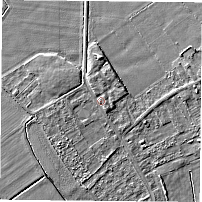 Shaded relief map of the ground around DN50QY, computed from Environment Agency LiDAR. The ground here sits at about 6 m above sea level and falls 6 m across the surrounding 800 m. Surface water reaching this point runs off ground lying to the north-north-west, 1.5 m higher.