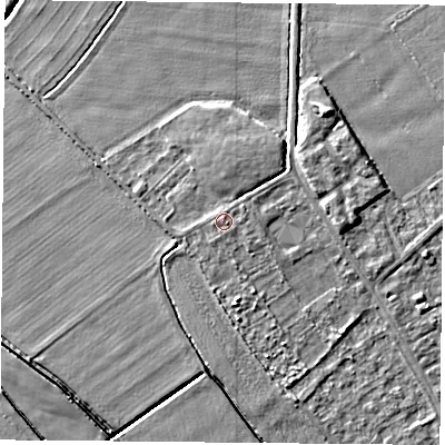 Shaded relief map of the ground around DN50QZ, computed from Environment Agency LiDAR. The ground here sits at about 6 m above sea level and falls 6 m across the surrounding 800 m. Surface water reaching this point runs off ground lying to the east-south-east, 0.8 m higher.