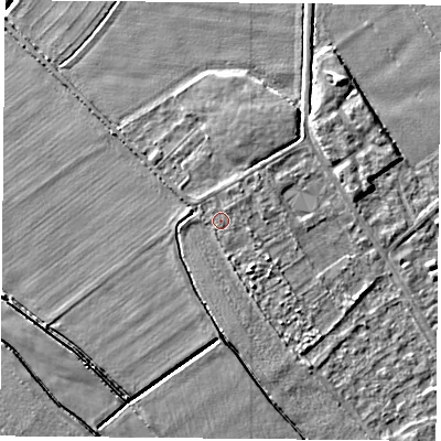 Shaded relief map of the ground around DN50RB, computed from Environment Agency LiDAR. The ground here sits at about 5 m above sea level and falls 6 m across the surrounding 800 m. The ground contributing surface water to this point lies to the north-north-east.
