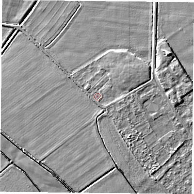 Shaded relief map of the ground around DN50RD, computed from Environment Agency LiDAR. The ground here sits at about 5 m above sea level and falls 6 m across the surrounding 800 m. Surface water reaching this point runs off ground lying to the south, 0.8 m higher.
