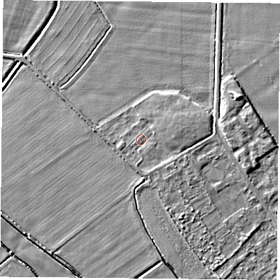 Shaded relief map of the ground around DN50RF, computed from Environment Agency LiDAR. The ground here sits at about 5 m above sea level and falls 6 m across the surrounding 800 m. Surface water reaching this point runs off ground lying to the south, 0.9 m higher.