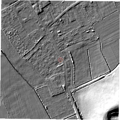 Shaded relief map of the ground around DN50RG, computed from Environment Agency LiDAR. The ground here sits at about 3 m above sea level and falls 20 m across the surrounding 800 m. Surface water reaching this point runs off ground lying to the south-east, 19.7 m higher.
