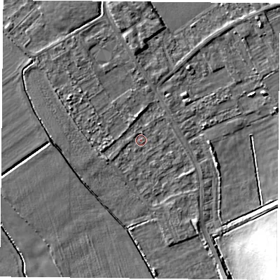 Shaded relief map of the ground around DN50RH, computed from Environment Agency LiDAR. The ground here sits at about 4 m above sea level and falls 14 m across the surrounding 800 m. Surface water reaching this point runs off ground lying to the south-west, 1.7 m higher.