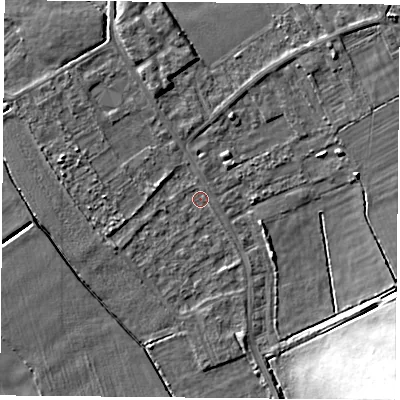 Shaded relief map of the ground around DN50RJ, computed from Environment Agency LiDAR. The ground here sits at about 4 m above sea level and falls 17 m across the surrounding 800 m. Surface water reaching this point runs off ground lying to the south-east, 17.2 m higher.
