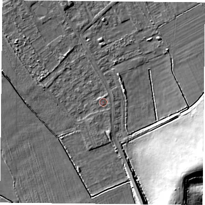 Shaded relief map of the ground around DN50RL, computed from Environment Agency LiDAR. The ground here sits at about 4 m above sea level and falls 20 m across the surrounding 800 m. Surface water reaching this point runs off ground lying to the east-south-east, 19.8 m higher.