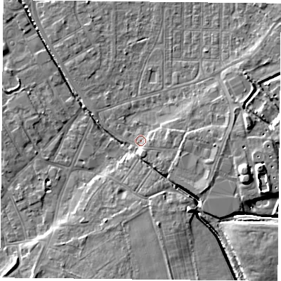 Shaded relief map of the ground around DN50RP, computed from Environment Agency LiDAR. The ground here sits at about 6 m above sea level and falls 10 m across the surrounding 800 m. Surface water reaching this point runs off ground lying to the east-south-east, 3.0 m higher.