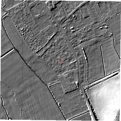 Shaded relief map of the ground around DN50RQ, computed from Environment Agency LiDAR. The ground here sits at about 4 m above sea level and falls 19 m across the surrounding 800 m. Surface water reaching this point runs off ground lying to the west-south-west, 1.1 m higher.