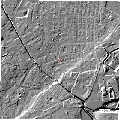 Shaded relief map of the ground around DN50RR, computed from Environment Agency LiDAR. The ground here sits at about 6 m above sea level and falls 10 m across the surrounding 800 m. Surface water reaching this point runs off ground lying to the east-south-east, 4.8 m higher.